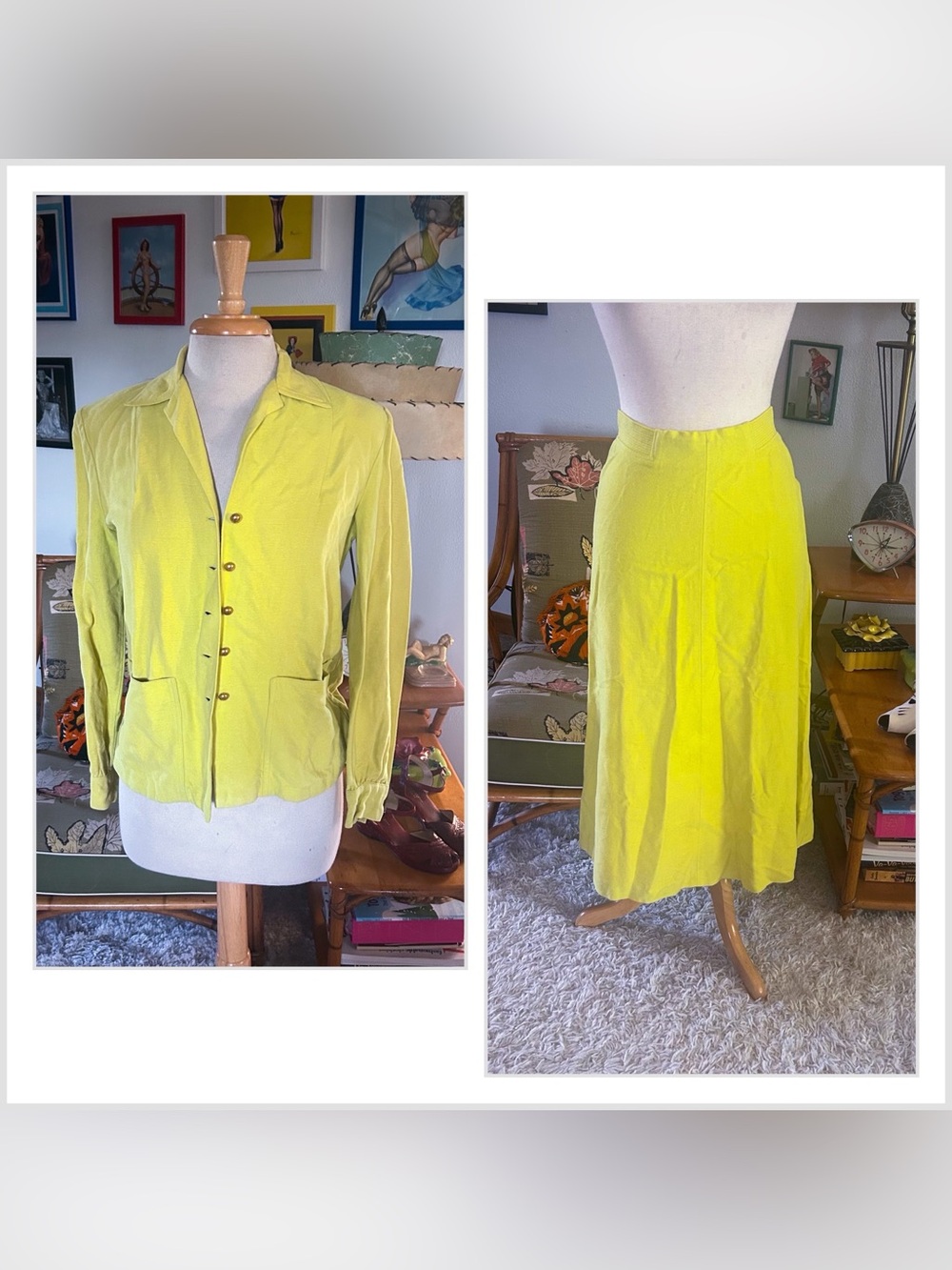 Vintage 1940s Suit Set | Jacket | Skirt | Chartreuse Green | S M | 40s